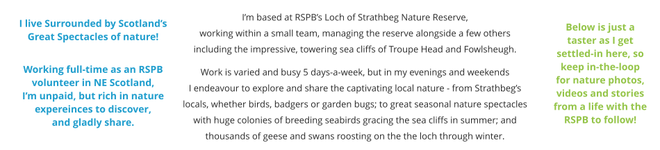 I live Surrounded by Scotland’s Great Spectacles of nature!  Working full-time as an RSPB  volunteer in NE Scotland,  I’m unpaid, but rich in nature expereinces to discover,  and gladly share. I’m based at RSPB’s Loch of Strathbeg Nature Reserve,  working within a small team, managing the reserve alongside a few others  including the impressive, towering sea cliffs of Troupe Head and Fowlsheugh. Work is varied and busy 5 days-a-week, but in my evenings and weekends  I endeavour to explore and share the captivating local nature - from Strathbeg’s locals, whether birds, badgers or garden bugs; to great seasonal nature spectacles with huge colonies of breeding seabirds gracing the sea cliffs in summer; and thousands of geese and swans roosting on the the loch through winter. Below is just a taster as I get settled-in here, so keep in-the-loop for nature photos, videos and stories from a life with the RSPB to follow!