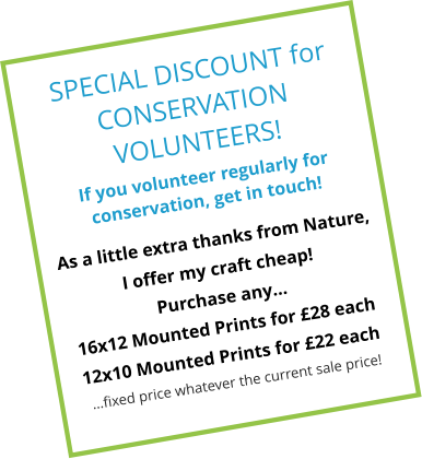 SPECIAL DISCOUNT for CONSERVATION VOLUNTEERS! If you volunteer regularly for conservation, get in touch!  As a little extra thanks from Nature,  I offer my craft cheap! Purchase any… 16x12 Mounted Prints for £28 each 12x10 Mounted Prints for £22 each  …fixed price whatever the current sale price!