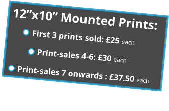 12”x10” Mounted Prints: First 3 prints sold: £25 each Print-sales 4-6: £30 each    Print-sales 7 onwards : £37.50 each