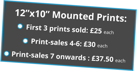 12”x10” Mounted Prints: First 3 prints sold: £25 each Print-sales 4-6: £30 each Print-sales 7 onwards : £37.50 each