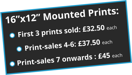 16”x12” Mounted Prints: First 3 prints sold: £32.50 each Print-sales 4-6: £37.50 each Print-sales 7 onwards : £45 each